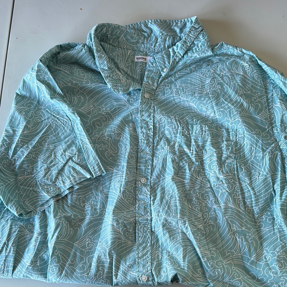Sonoma Men's Casual Button Down Shirt - Light Blue Wave Pattern